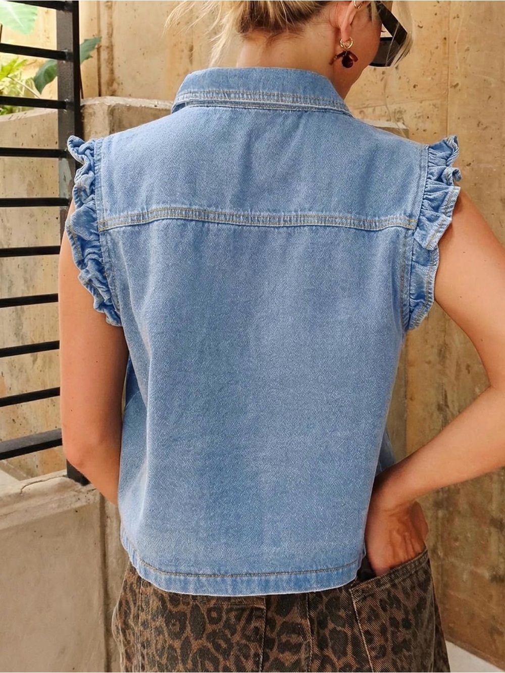 SHEIN Light Blue Ruffle Sleeve Denim Vest - Picture 3 of 3